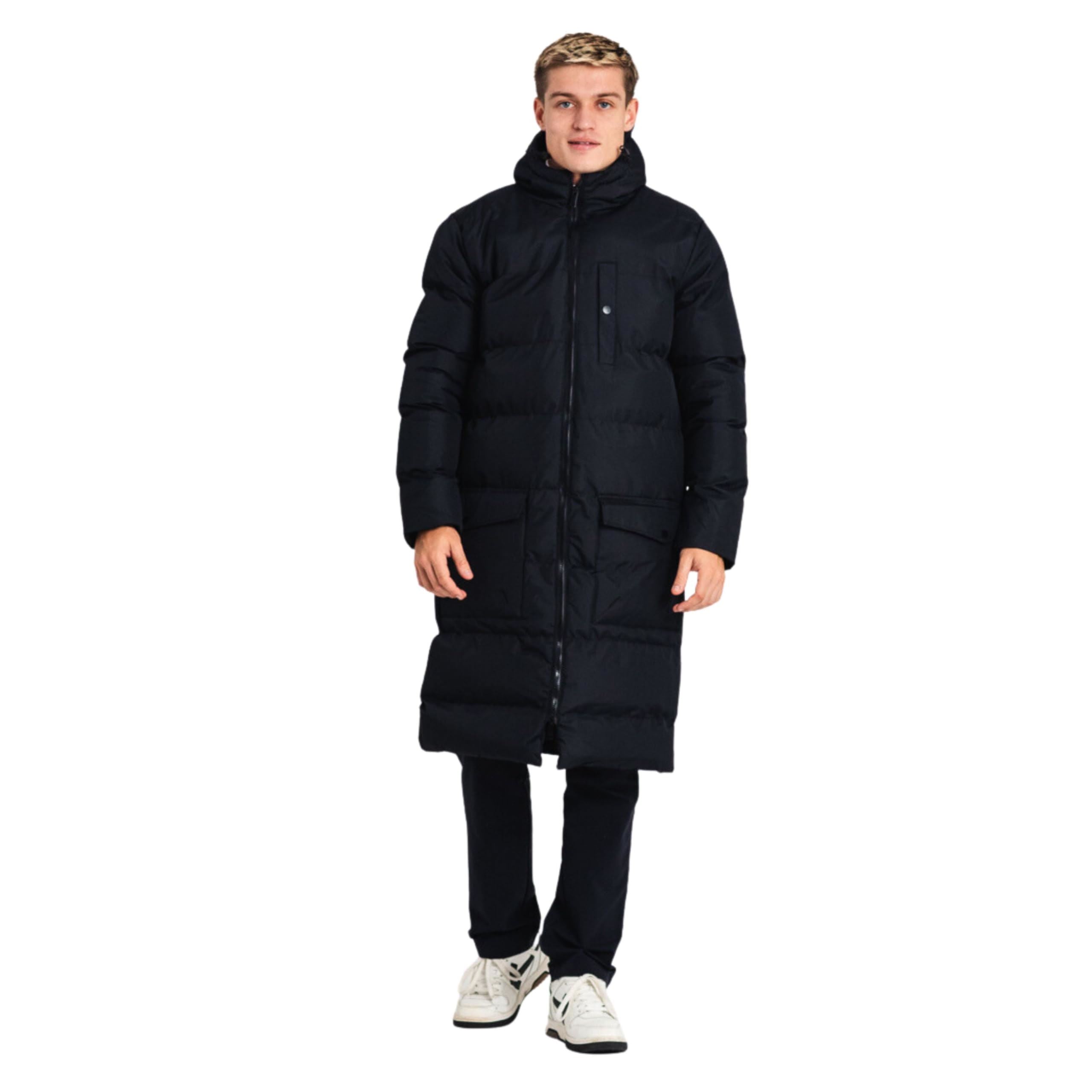 Kandor Men's Longline Winter Jacket - Padded Parka with Hood, Knee-Length  Smart Casual Water-Resistant UK Coat, Showerproof (MJ-Banana, Black)